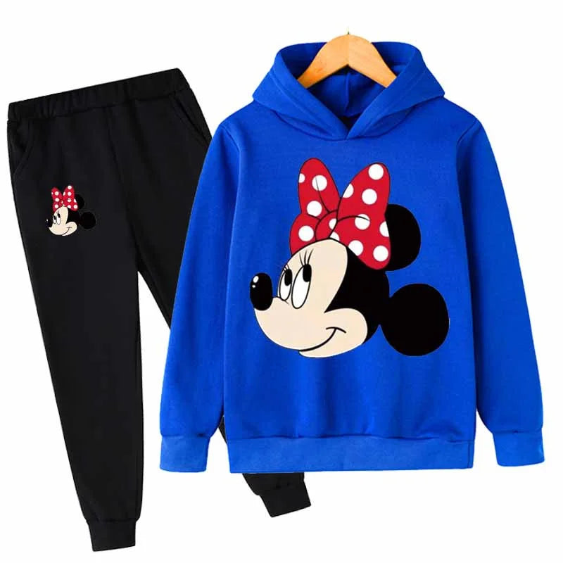 "Mickey & Minnie Mouse Girls 2-Piece Set – Long Sleeve Cartoon Hoodie + Pants, Casual Kids Sports Outfit for Everyday Wear"