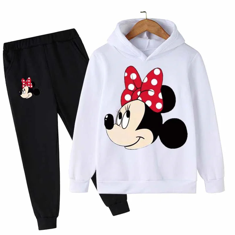 "Mickey & Minnie Mouse Girls 2-Piece Set – Long Sleeve Cartoon Hoodie + Pants, Casual Kids Sports Outfit for Everyday Wear"