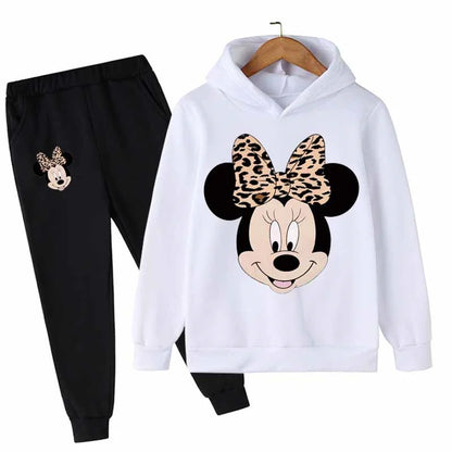 "Mickey & Minnie Mouse Girls 2-Piece Set – Long Sleeve Cartoon Hoodie + Pants, Casual Kids Sports Outfit for Everyday Wear"