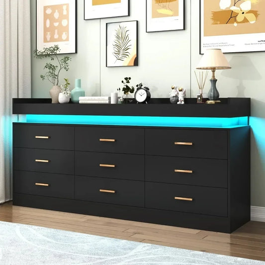 "Modern 9-Drawer Dresser with LED Lights – Wide Wooden Organizer Cabinet for Bedroom, Living Room, or Closet Storage"