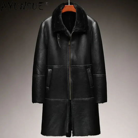 "AYUNSUE Men’s Ultra-Long Winter Jacket – Premium Sheepskin Leather & Real Fur Coat, Thickened for Maximum Warmth and Luxury"