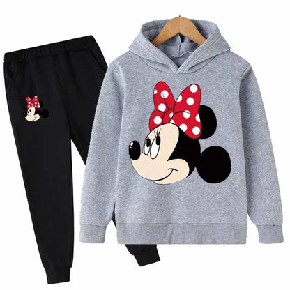 "Mickey & Minnie Mouse Girls 2-Piece Set – Long Sleeve Cartoon Hoodie + Pants, Casual Kids Sports Outfit for Everyday Wear"