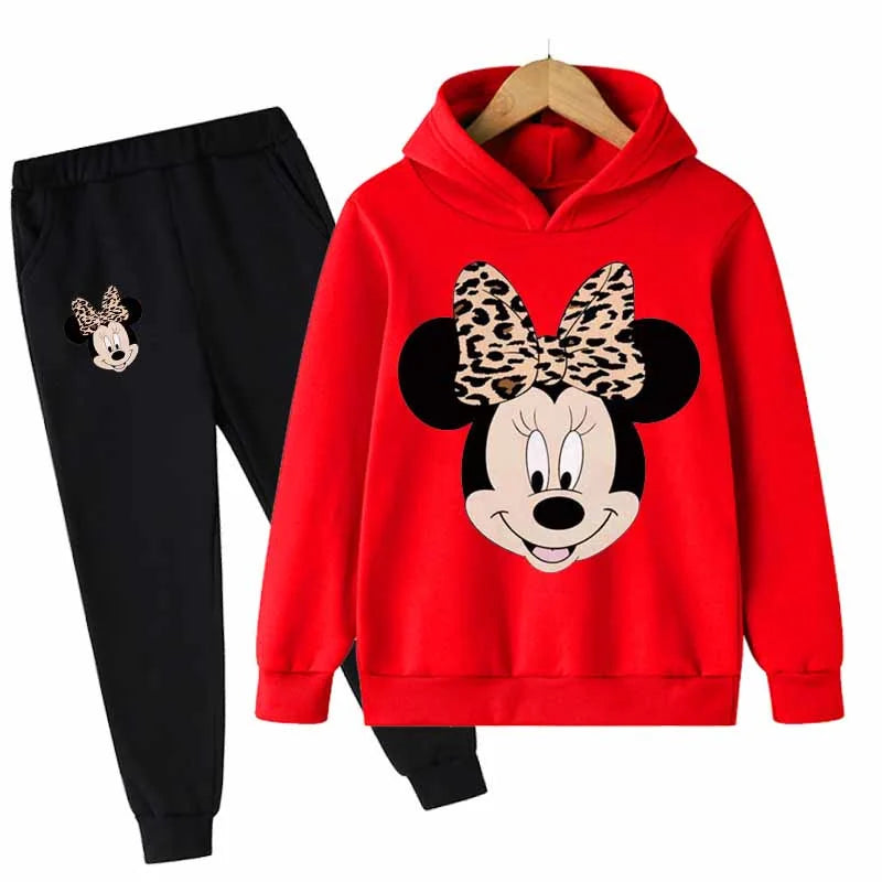 "Mickey & Minnie Mouse Girls 2-Piece Set – Long Sleeve Cartoon Hoodie + Pants, Casual Kids Sports Outfit for Everyday Wear"