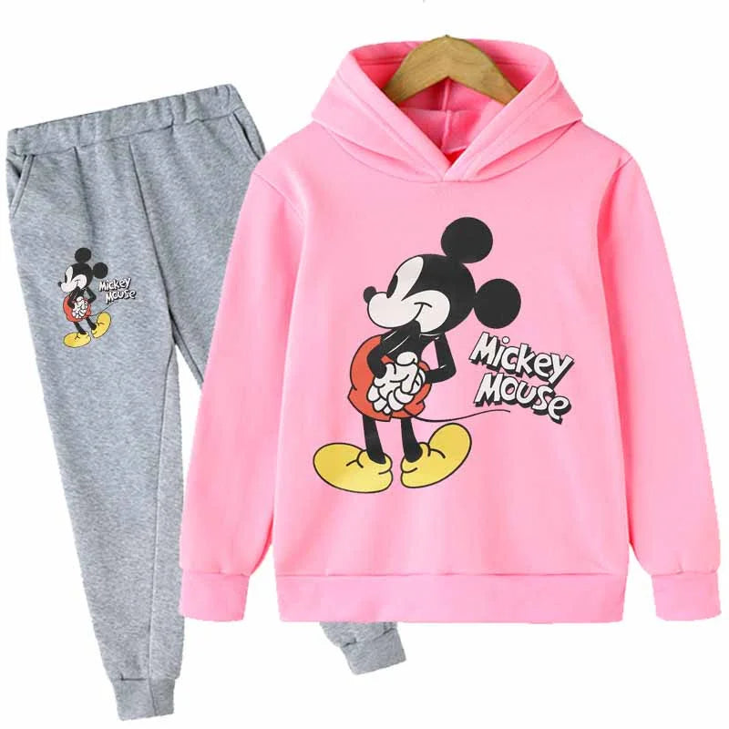 "Mickey & Minnie Mouse Girls 2-Piece Set – Long Sleeve Cartoon Hoodie + Pants, Casual Kids Sports Outfit for Everyday Wear"