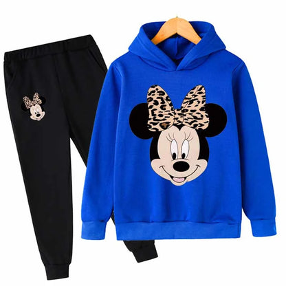 "Mickey & Minnie Mouse Girls 2-Piece Set – Long Sleeve Cartoon Hoodie + Pants, Casual Kids Sports Outfit for Everyday Wear"