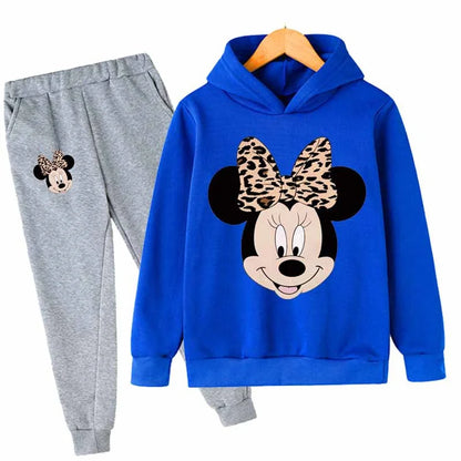 "Mickey & Minnie Mouse Girls 2-Piece Set – Long Sleeve Cartoon Hoodie + Pants, Casual Kids Sports Outfit for Everyday Wear"