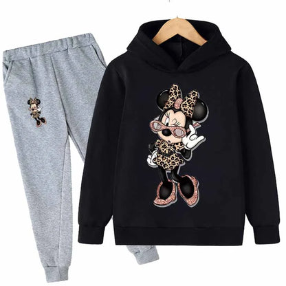 "Mickey & Minnie Mouse Girls 2-Piece Set – Long Sleeve Cartoon Hoodie + Pants, Casual Kids Sports Outfit for Everyday Wear"