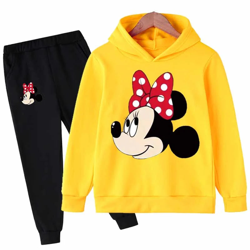 "Mickey & Minnie Mouse Girls 2-Piece Set – Long Sleeve Cartoon Hoodie + Pants, Casual Kids Sports Outfit for Everyday Wear"