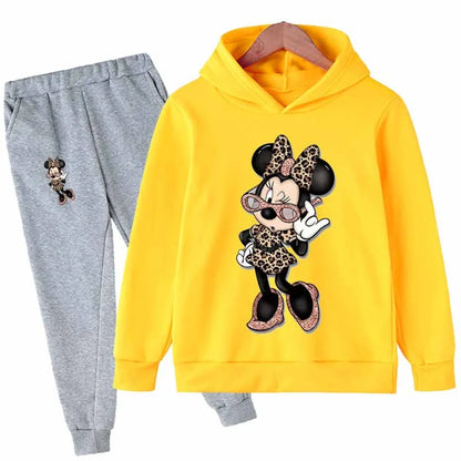 "Mickey & Minnie Mouse Girls 2-Piece Set – Long Sleeve Cartoon Hoodie + Pants, Casual Kids Sports Outfit for Everyday Wear"