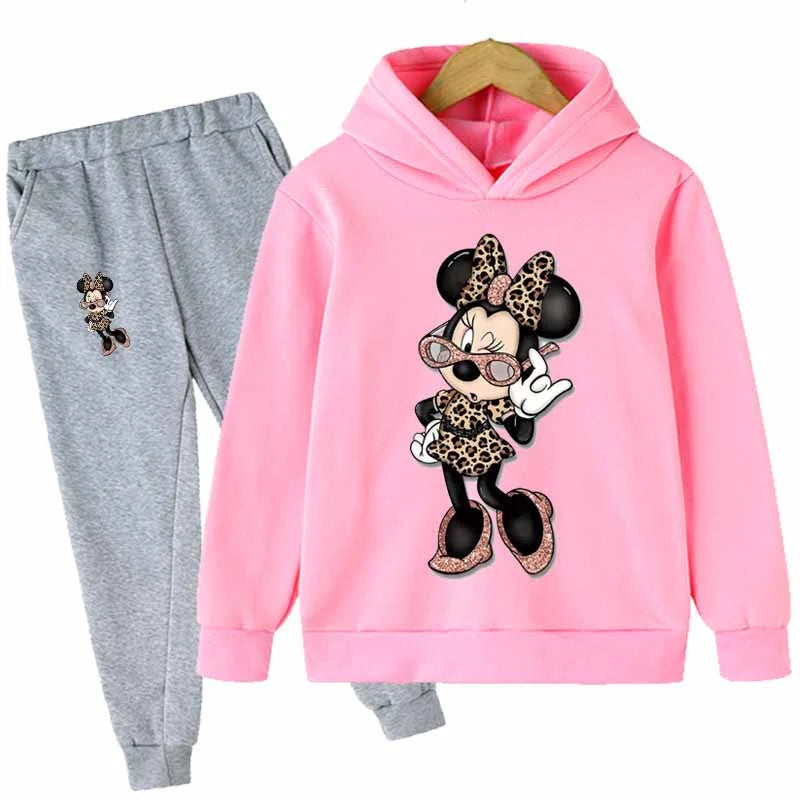 "Mickey & Minnie Mouse Girls 2-Piece Set – Long Sleeve Cartoon Hoodie + Pants, Casual Kids Sports Outfit for Everyday Wear"