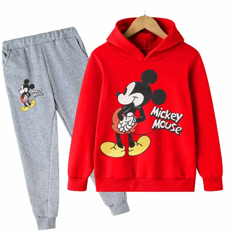 "Mickey & Minnie Mouse Girls 2-Piece Set – Long Sleeve Cartoon Hoodie + Pants, Casual Kids Sports Outfit for Everyday Wear"