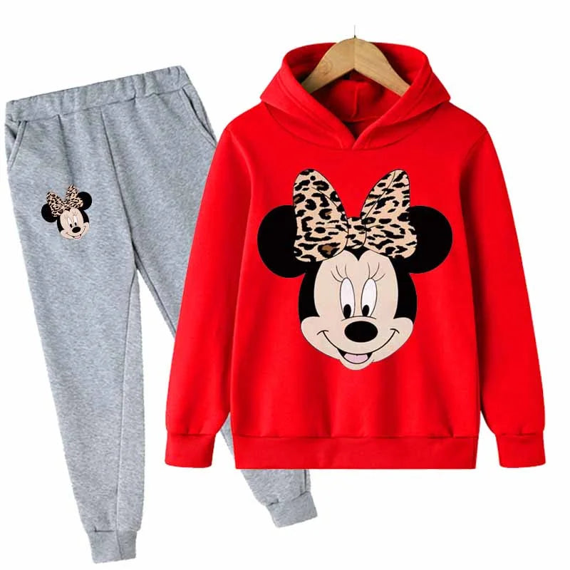 "Mickey & Minnie Mouse Girls 2-Piece Set – Long Sleeve Cartoon Hoodie + Pants, Casual Kids Sports Outfit for Everyday Wear"