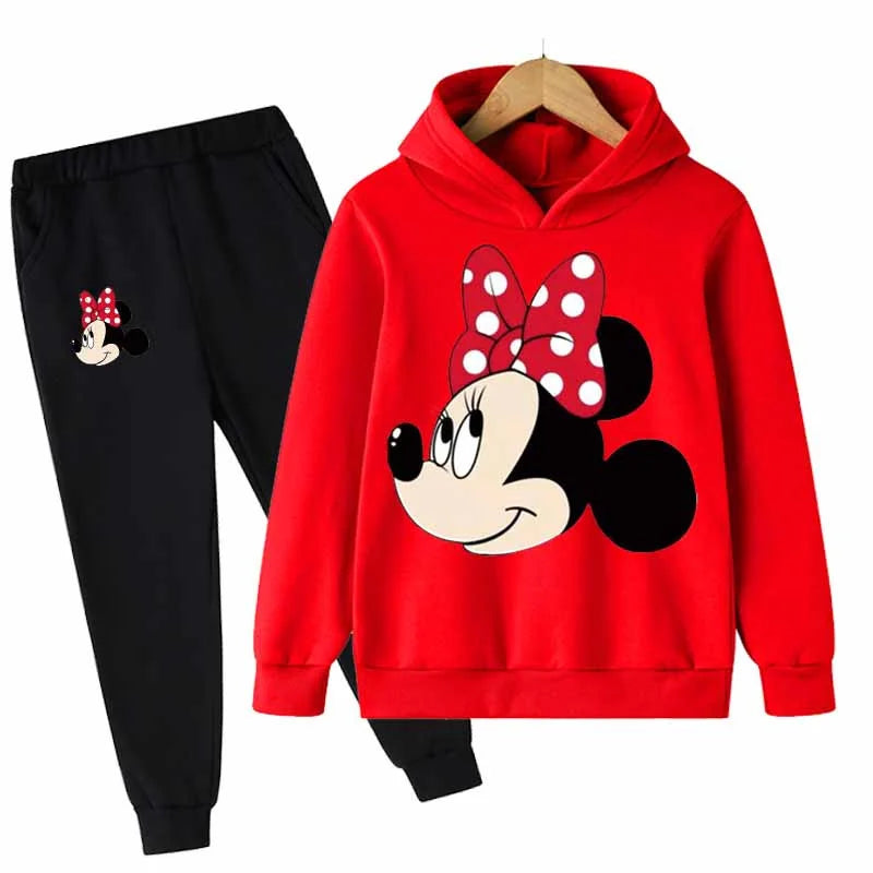 "Mickey & Minnie Mouse Girls 2-Piece Set – Long Sleeve Cartoon Hoodie + Pants, Casual Kids Sports Outfit for Everyday Wear"