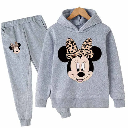 "Mickey & Minnie Mouse Girls 2-Piece Set – Long Sleeve Cartoon Hoodie + Pants, Casual Kids Sports Outfit for Everyday Wear"