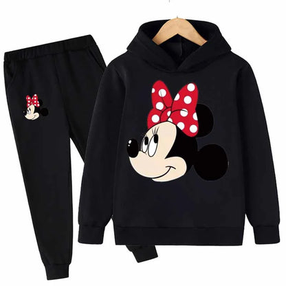 "Mickey & Minnie Mouse Girls 2-Piece Set – Long Sleeve Cartoon Hoodie + Pants, Casual Kids Sports Outfit for Everyday Wear"